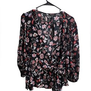 NWT Banana Republic Black Red Floral Wrap Long Sleeve Blouse SZ S